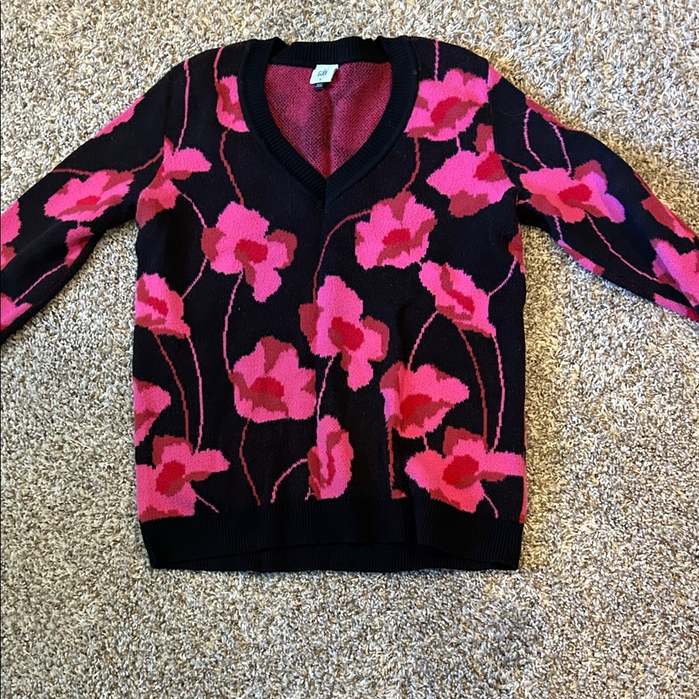 CAbi Black and Pink Floral V-Neck Sweater